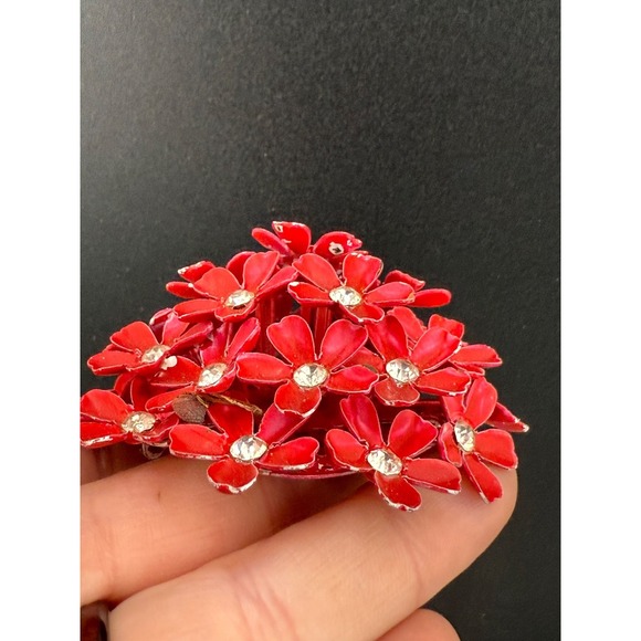 Vintage Red Enamel  Brooch Rhinestone Flower Dome - Picture 3 of 7
